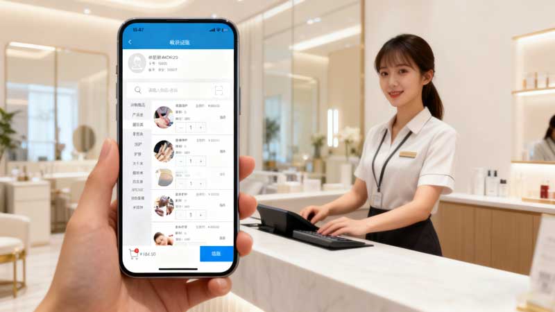 ​门店收银系统操作示意图：店员使用迅航云店手机APP为顾客进行扫码收银