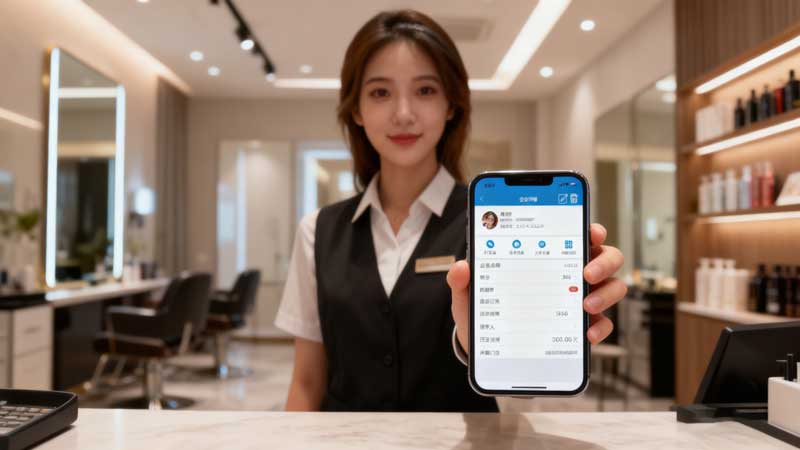 美容院店员使用迅航云店会员管理系统进行客户关怀与精准营销操作