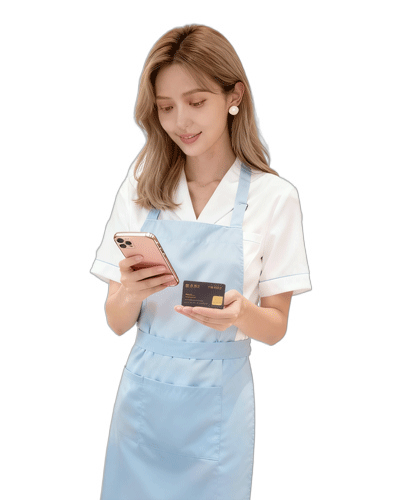 美容院店员使用迅航云店门店会员管理系统app为会员办理扫码支付