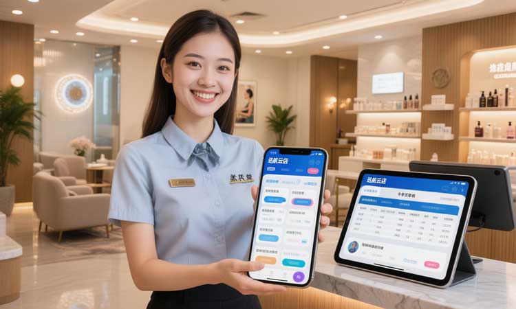 店员使用迅航云店门店会员管理系统app在手机与平板上同步管理业务