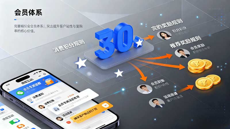 迅航云店会员管理体系功能示意图，包含积分、推荐奖励、会员裂变和活动激励等核心规则。