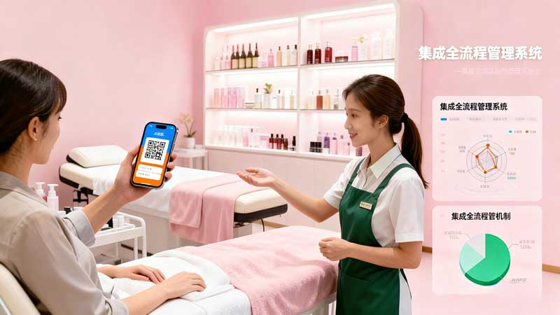 美容院员工使用迅航云店系统指导顾客进行扫码支付或办理会员