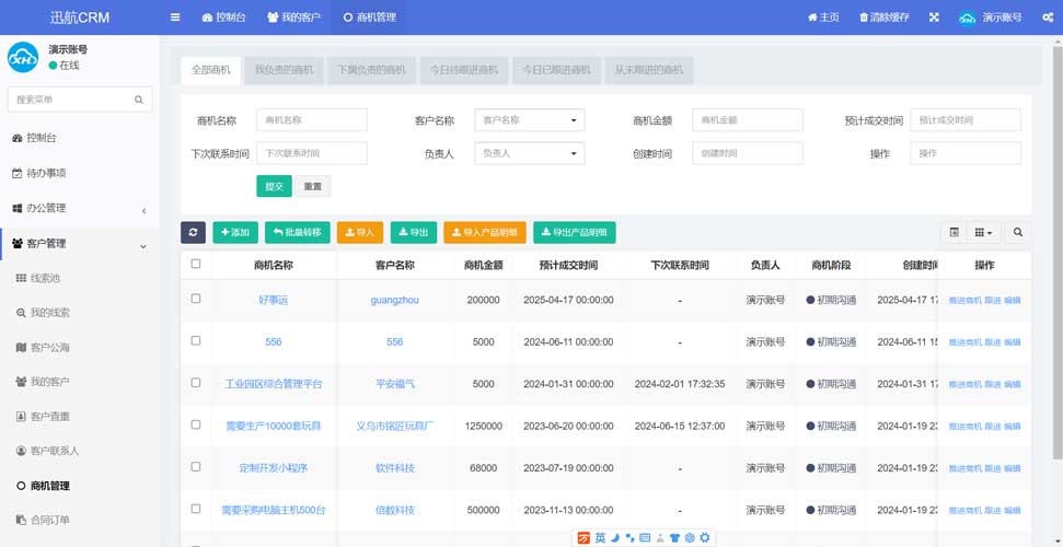 迅航CRM销售管理系统商机管理界面与销售管道视图