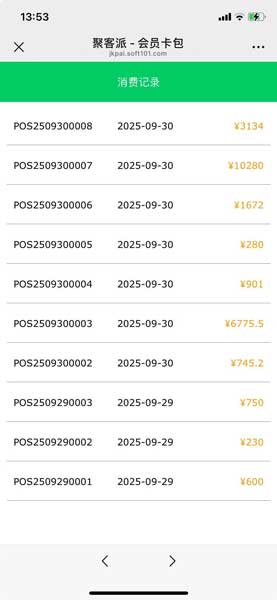 “微信做会员卡”用户端核心功能:聚客派会员卡包小程序中的消费记录查询页,清晰列示历史消费明细