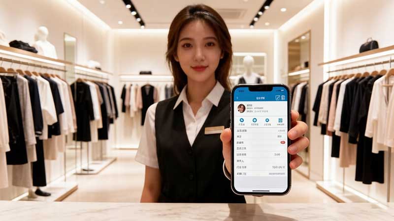 现代服装店内专业女店员手持手机，向顾客微笑展示微信会员卡界面，屏幕显示“回家”、“女王节快乐”等会员栏目