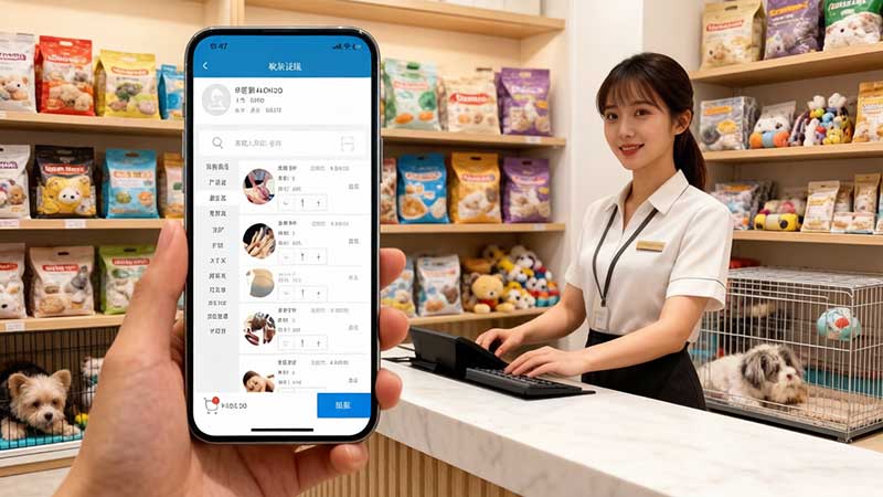 一家现代化宠物店内，专业店员手持平板电脑，正向顾客展示并讲解会员管理系统中的宠物档案与护理方案