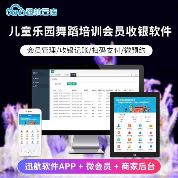迅航云店门店会员管理系统app官方宣传图,展示PC、手机、平板多端协同界面,适用于儿童乐园、舞蹈培训等业态