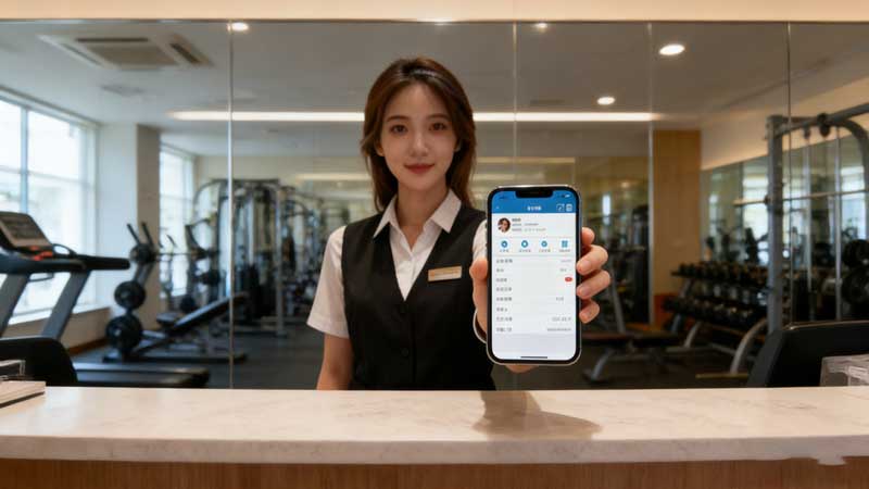 一家现代化健身房内,专业前台女员工手持手机,正向顾客或镜头展示健身房会员管理APP的操作界面
