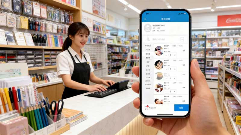 一家文具店内,身着制服的店员在收银台后使用电脑,同时手持手机展示“收银系统”应用界面,背后是琳琅满目的商品货架